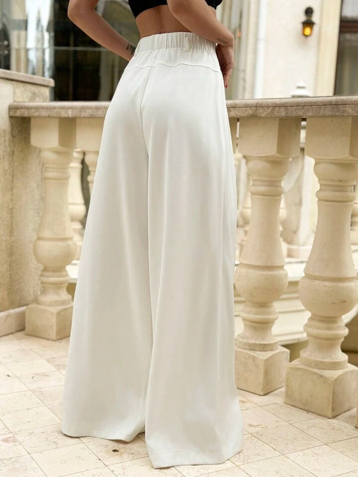 CM-BS094123 Women Casual Seoul Style High Waisted Extra Long Wide Leg Trousers - White