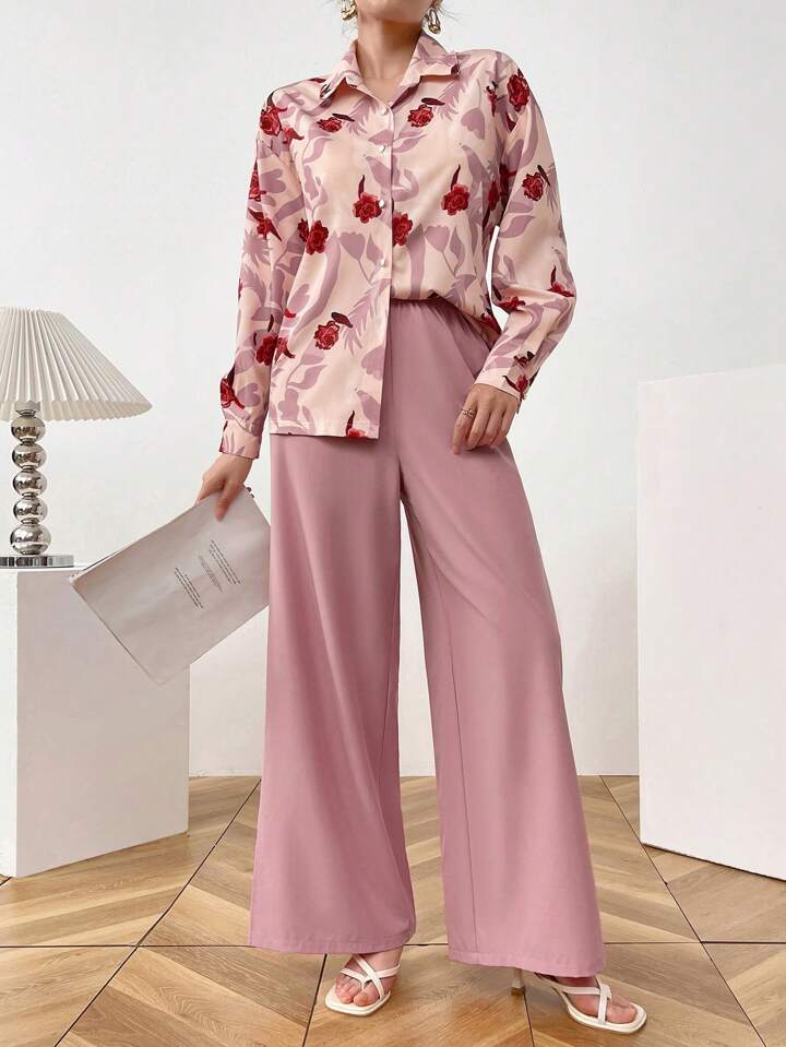 CM-SS278949 Women Casual Seoul Style Floral Front Button Long Sleeve Blouse With Pants - Sets