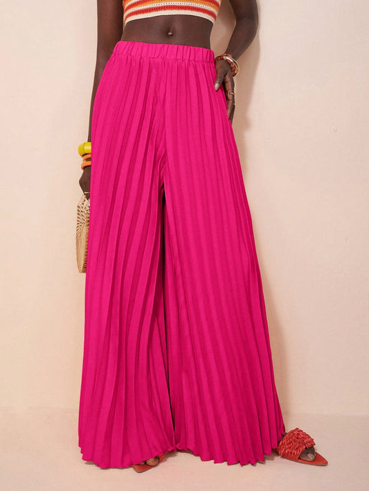 CM-BS843736 Women Trendy Bohemian Style Elastic Waist Pleated Large Hem Extra Long Wide Leg Pants - Hot Pink