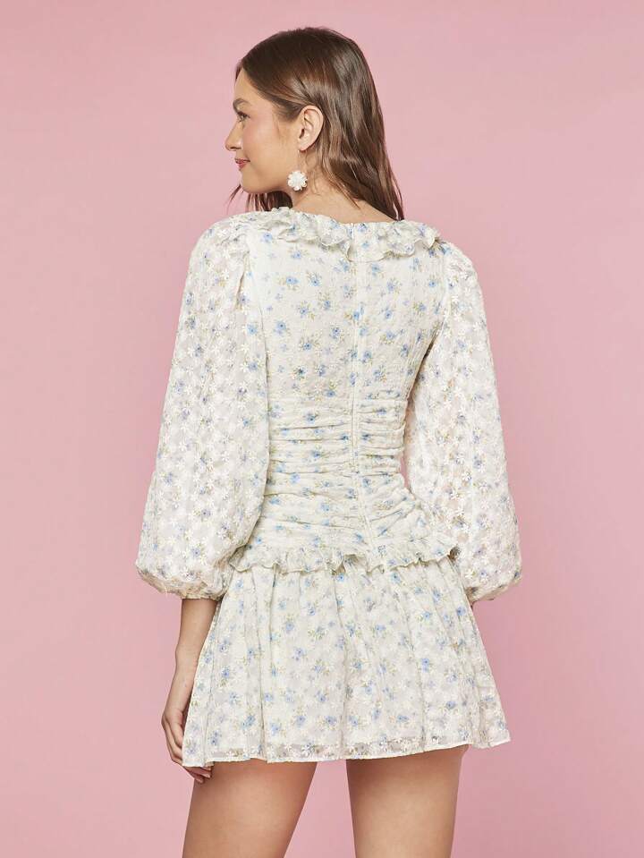 CM-DS666818 Women Trendy Bohemian Style Floral Print Spliced Lantern Sleeve Short Dress