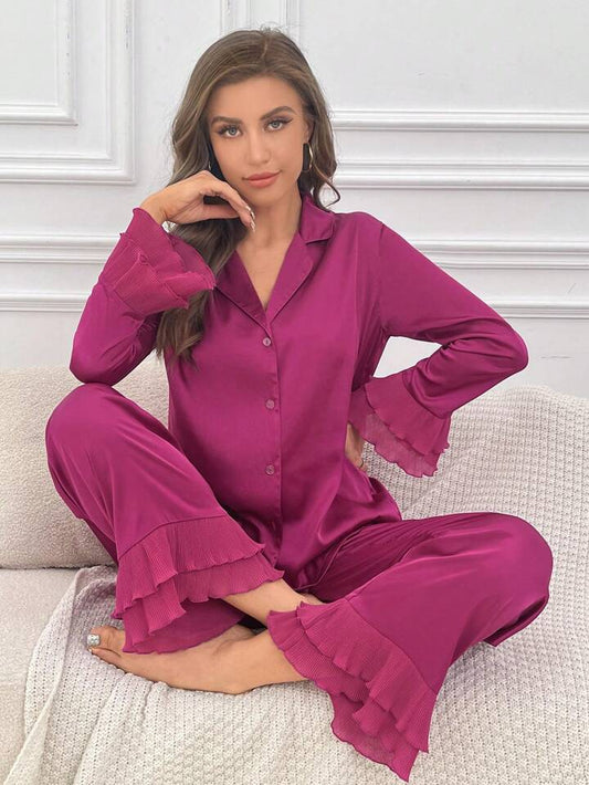 CM-LS159008 Women Trendy Seoul Style Long Sleeve Ruffle Trim Satin Pajama Set - Hot Pink