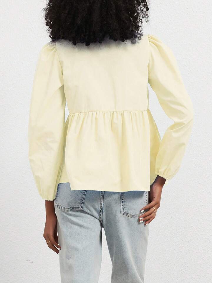 CM-TS481897 Women Casual Seoul Style Print Ruffle Hem Tie Long Sleeve Shirt - Yellow