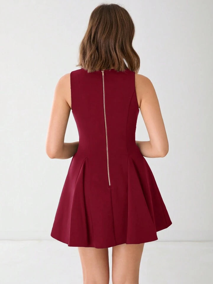 CM-DS856616 Women Elegant Seoul Style V-Neck Front Button Sleeveless A-Line Mini Dress - Burgundy