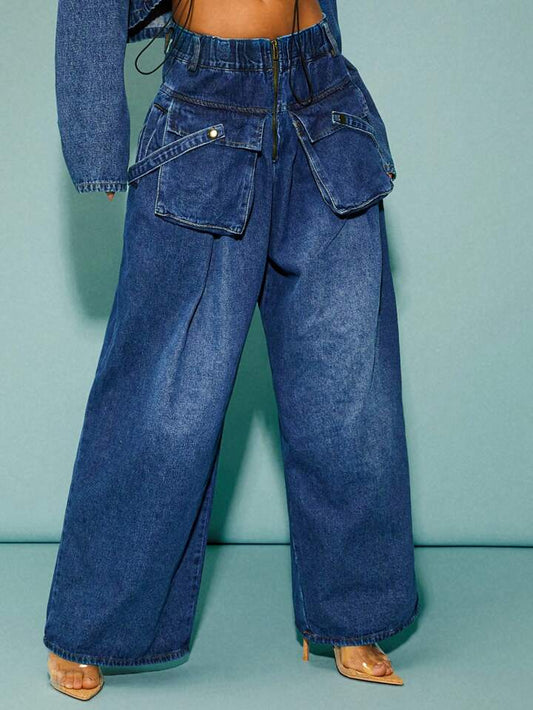 CM-BS219390 Women Casual Seoul Style Medium Wash High Waist Front Zipper Pocket Wide Leg Jeans