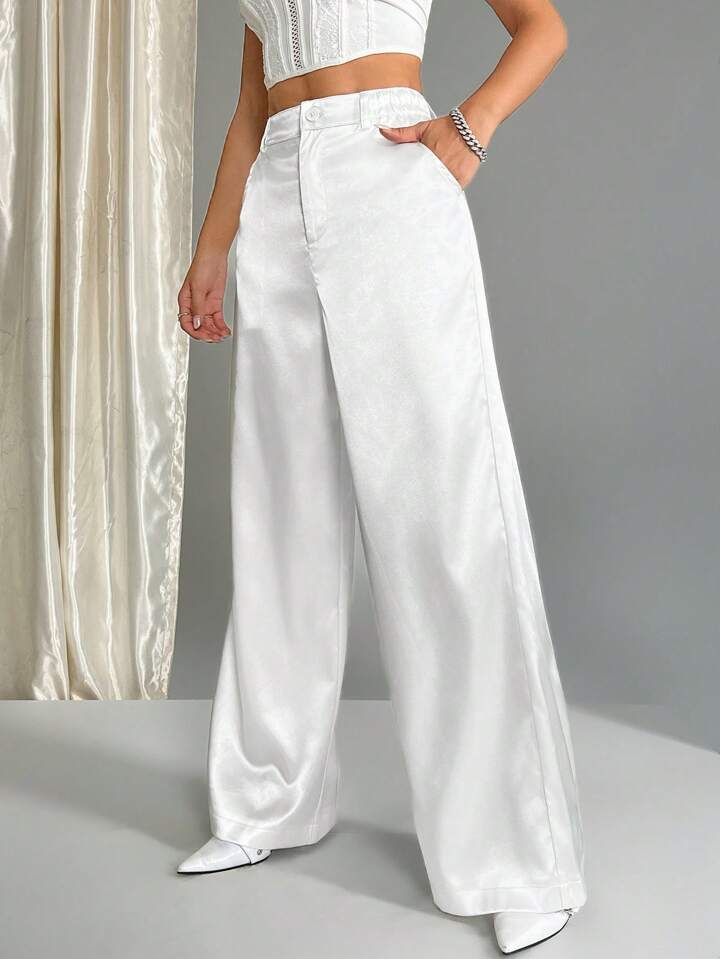 CM-BS751577 Women Casual Seoul Style Satin Elastic Waist Wide Leg Palazzo Pants - White