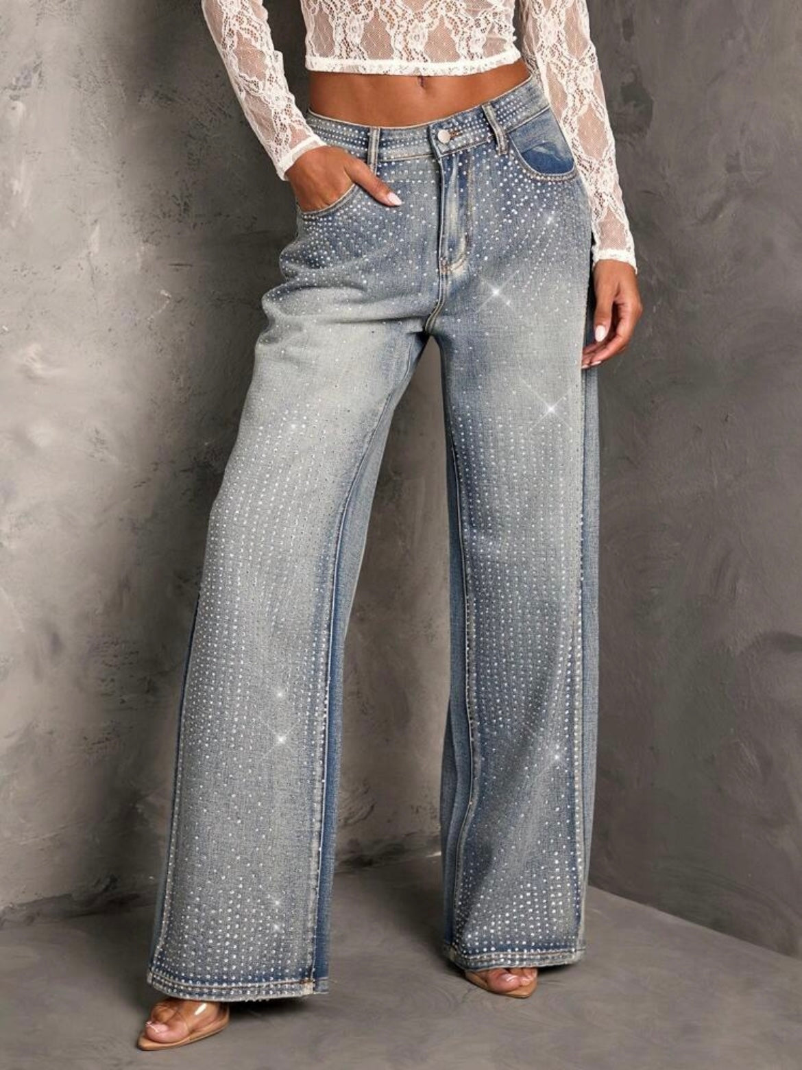 CM-BS422718 Women Elegant Seoul Style Rhinestone Embellished Straight Leg  Jeans - Blue
