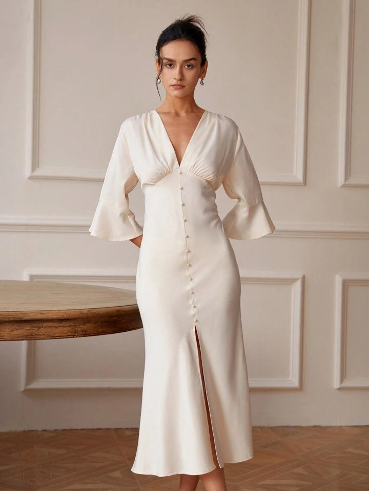 CM-DS247962 Women Elegant Seoul Style V-Neck Flare Sleeve Mermaid Dress - Champagne