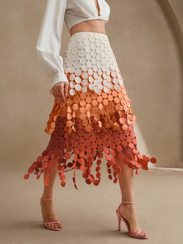 CM-BS433333 Women Trendy Bohemian Style Hollow Out Embroidery Tassel High Waist Flowy Skirt - Orange