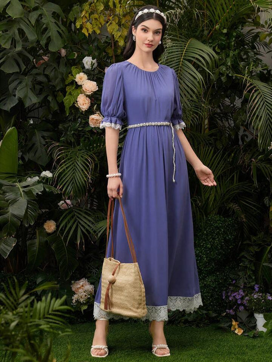 CM-DS187545 Women Casual Seoul Style Contrast Color Lace Trimmed Round Neck Dress