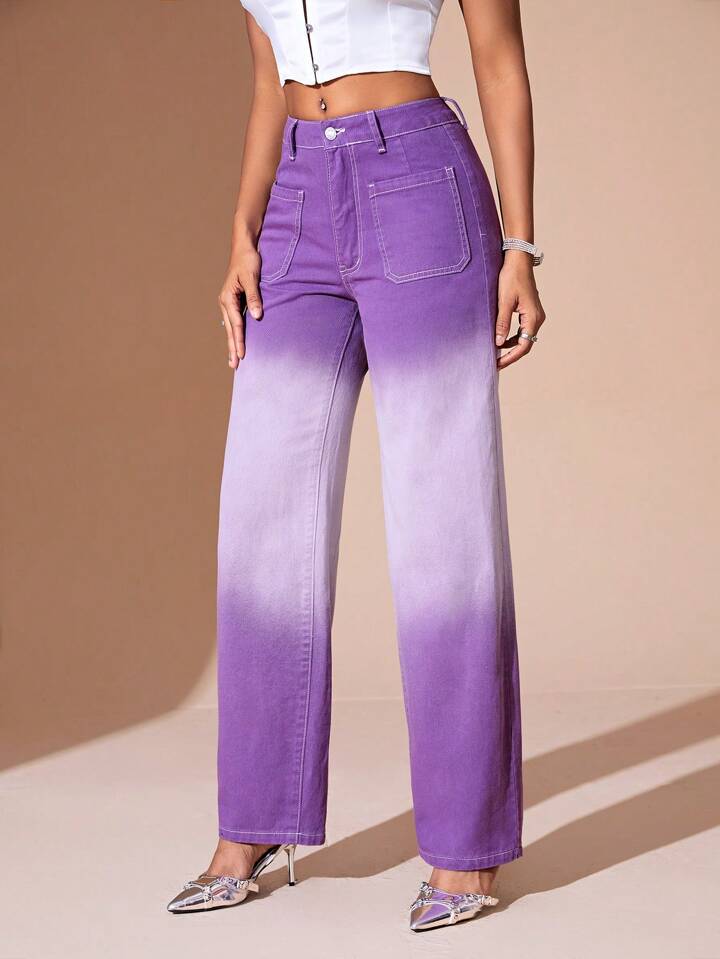 CM-BS216856 Women Casual Seoul Style Gradient Patch Pocket Straight-Leg Jeans - Purple