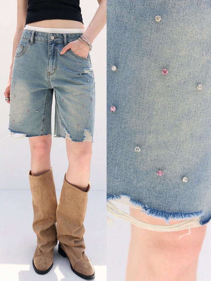 CM-BS022740 Women Casual Seoul Style Rhinestone Decor Pocket Fringe Hem Loose Denim Shorts
