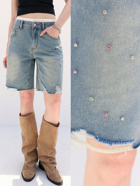 CM-BS022740 Women Casual Seoul Style Rhinestone Decor Pocket Fringe Hem Loose Denim Shorts