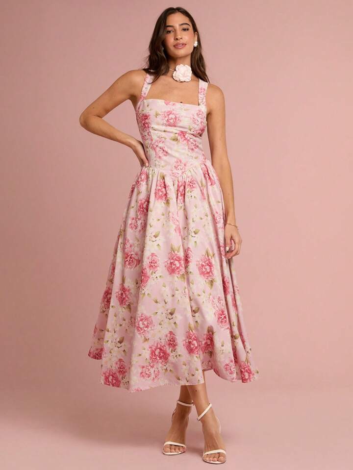 CM-DS532932 Women Elegant Seoul Style Floral Print Sleeveless Big Bowknot Backless Long Dress