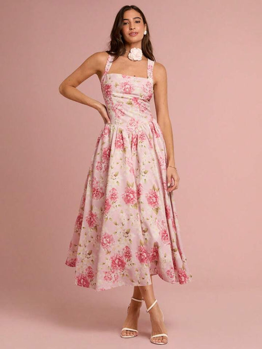 CM-DS532932 Women Elegant Seoul Style Floral Print Sleeveless Big Bowknot Backless Long Dress
