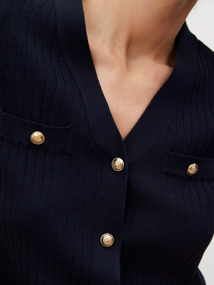 CM-TS515171 Women Casual Seoul Style V-Neck Short Sleeve Button Front Knit Blouse - Navy Blue