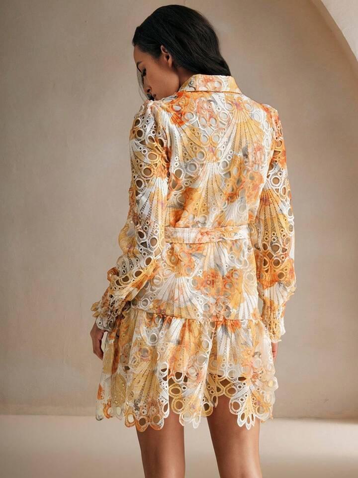 CM-DS592268 Women Trendy Bohemian Style Collared Long Sleeve Tie-Up Floral Hollow-Out Two-Layer Dress