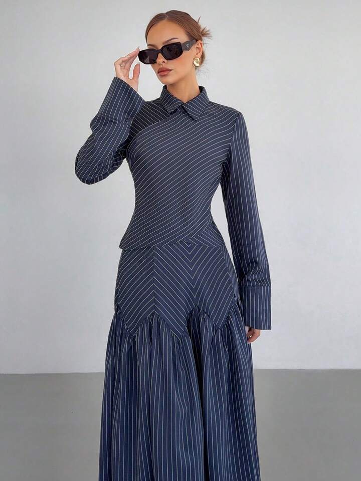 CM-SS688596 Women Elegant Seoul Style Striped Collar Neckline Long Sleeve Shirt With Pleated Maxi Skirt - Set
