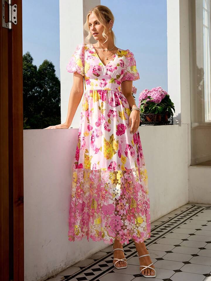 CM-DS161110 Women Trendy Bohemian Style V-Neck Short Sleeve Floral Print Lace Patchwork Dress