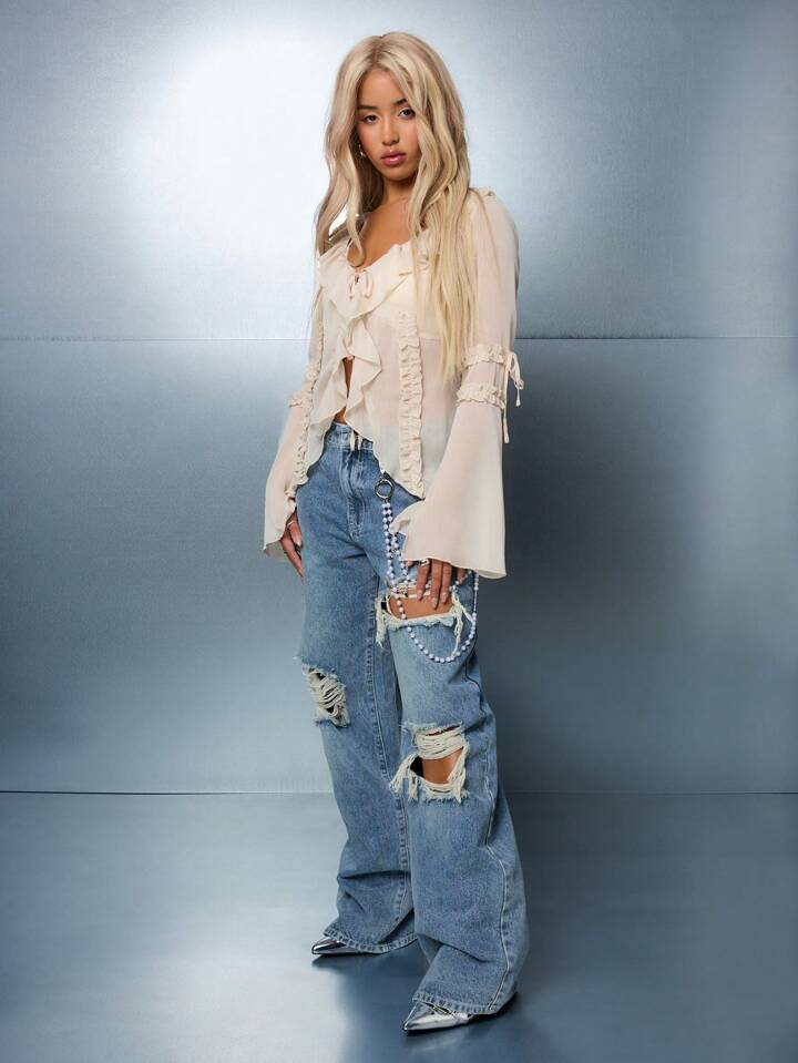 CM-BS963933 Women Casual Seoul Style Distressed Wide Leg Baggy Denim Jeans - Blue