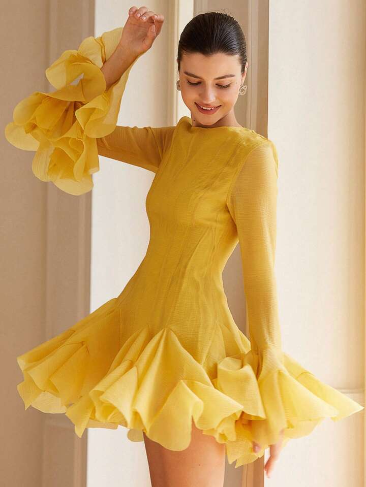 CM-DS291392 Women Elegant Seoul Style High-End Frilled Hem Flared Sleeve Short Dress - Yellow