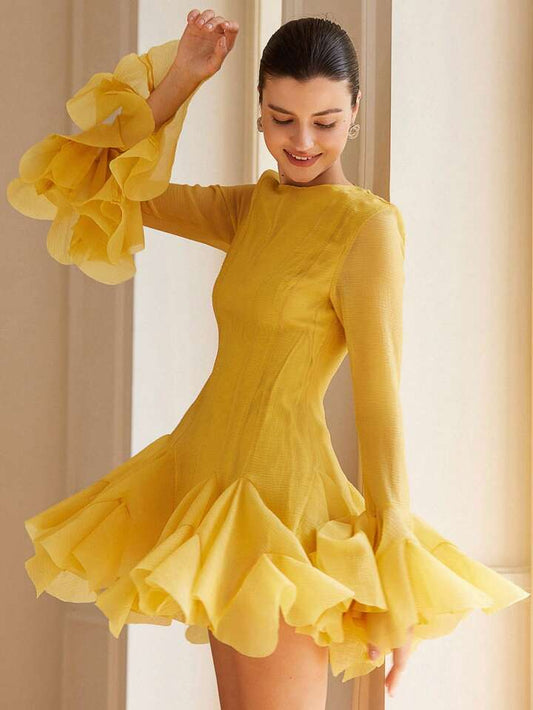 CM-DS291392 Women Elegant Seoul Style High-End Frilled Hem Flared Sleeve Short Dress - Yellow