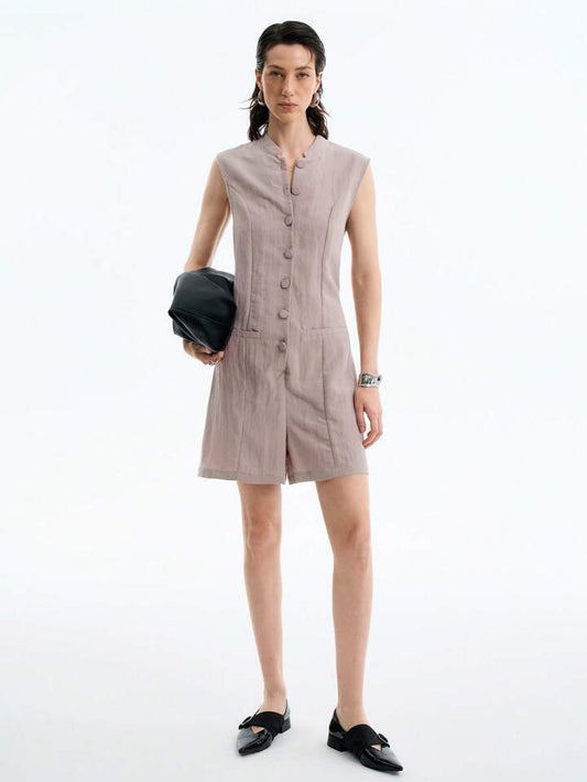 CM-JS514314 Women Casual Seoul Style Solid Color Linen Tencel Sleeveless Buttoned Romper