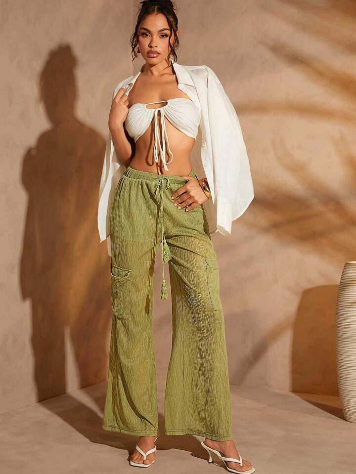 CM-BS101832 Women Trendy Bohemian Style Tassel Drawstring Flap Pocket Cargo Pants - Green