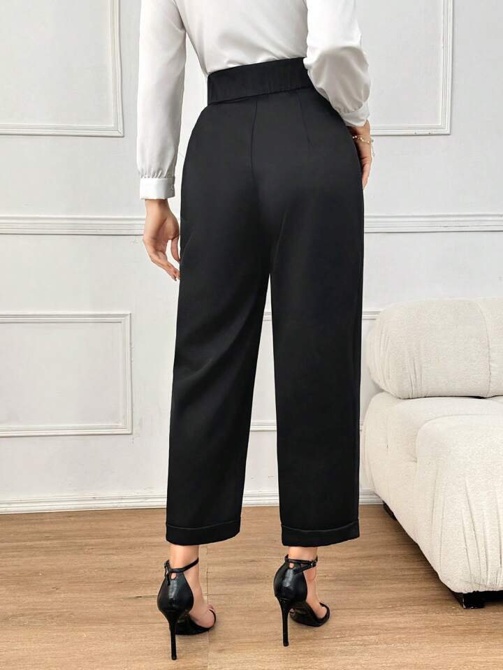 CM-BS390414 Women Elegant Seoul Style High Waist Plicated Detail Straight Leg Pants - Black