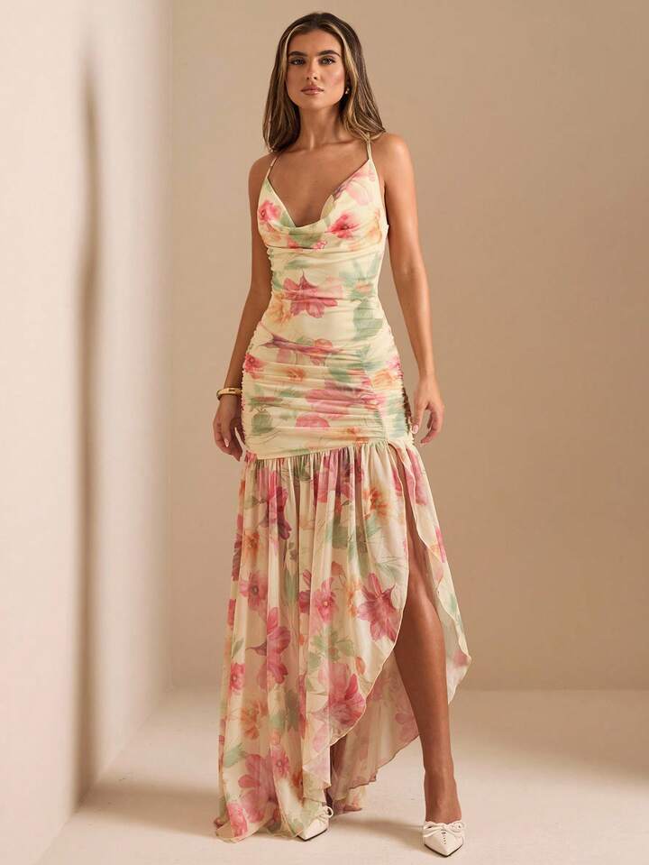 CM-DS148724 Women Trendy Bohemian Style Deep Draped Neck High Slit Floral Print Fitted Mesh Dress - Light Yellow
