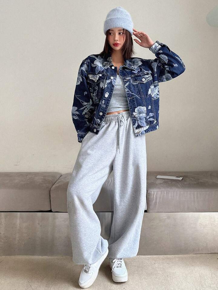 CM-CS547400 Women Casual Seoul Style Medium Wash Floral Printed Single Breasted Long Sleeve Denim Jacket
