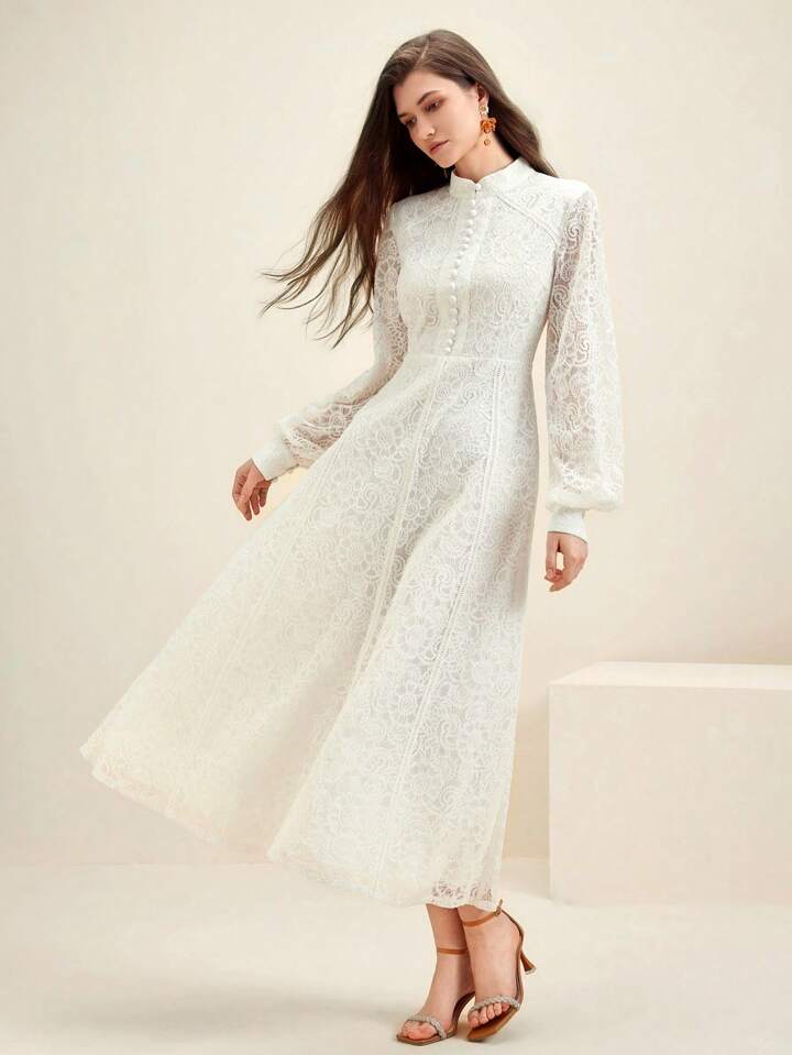 CM-DS287289 Women Elegant Seoul Style Lace Mandarin Collar Long Sleeve A-Line Dress - White