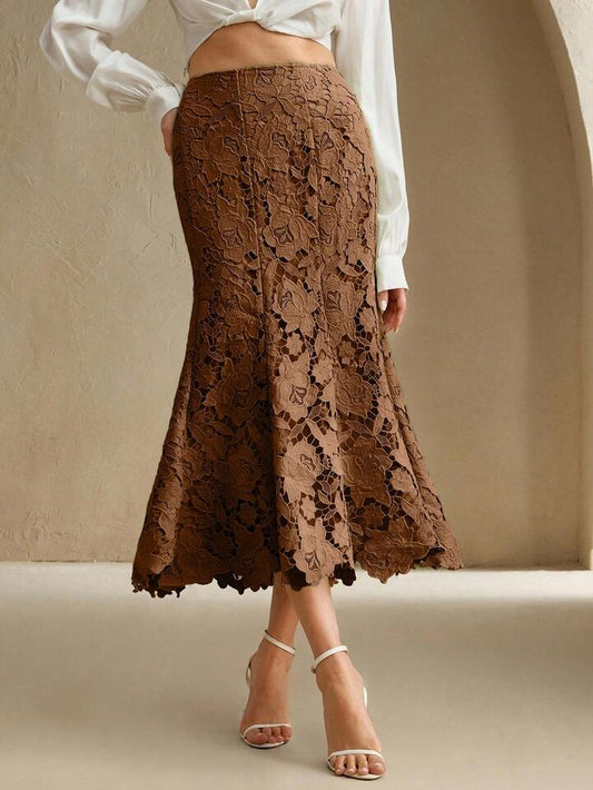 CM-BS325808 Women Elegant Seoul Style Mid Waist Patchwork Design Lace Hollow-Out Midi Skirt - Coffee Brown