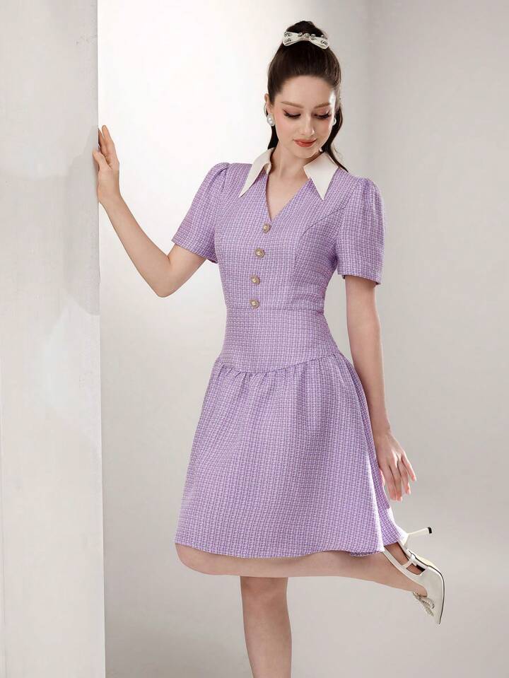 CM-DS337872 Women Casual Seoul Style Collar Neckline Short Sleeve High Waist Contrast Splice Mini Dress