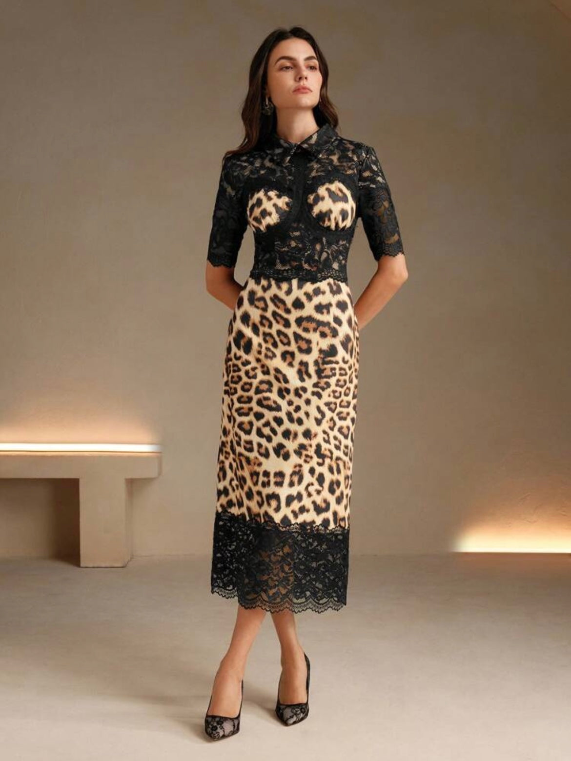 CM-DS811756 Women Elegant Seoul Style Collar Neckline Lace Patchwork Pattern Bodycon Maxi Dress