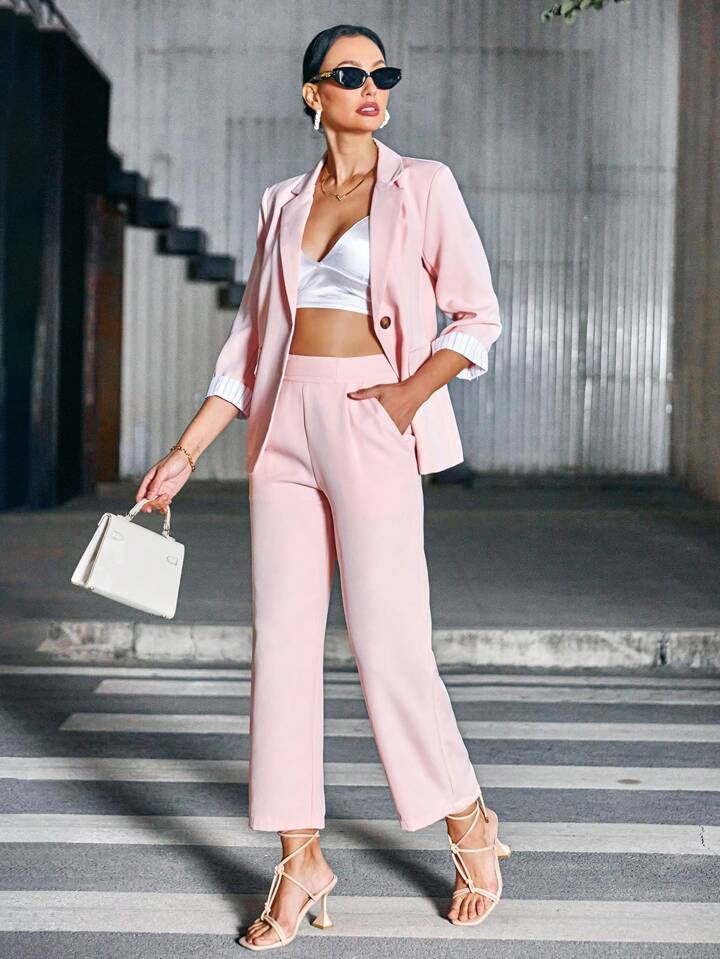 CM-SS822898 Women Elegant Seoul Style 3/4 Sleeve Lapel Blazer With Long Pants Suit - Pink