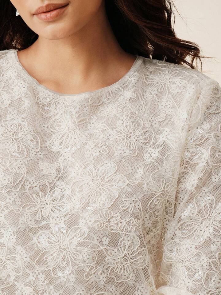 CM-TS530144 Women Elegant Seoul Style Hollow-Out Lace Sequin Decor Long Sleeve Blouse - Apricot