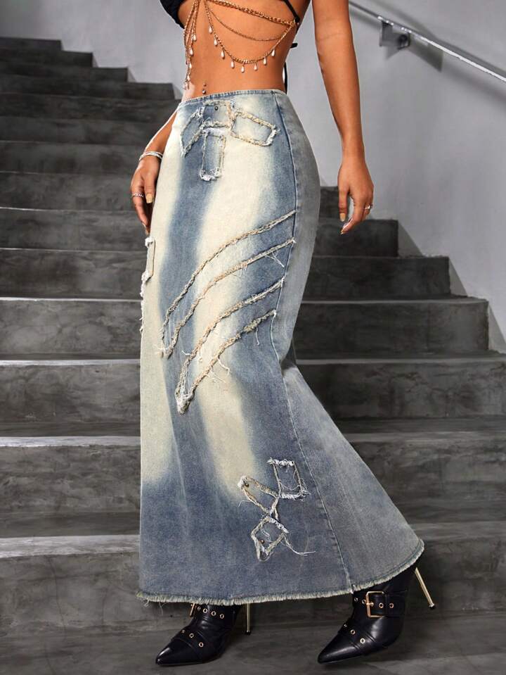 CM-BS143324 Women Casual Seoul Style Drop Waist Frayed Mermaid Denim Skirt - Blue