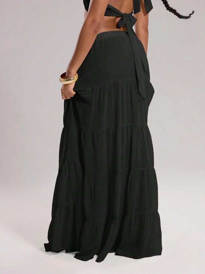 CM-BS664444 Women Trendy Bohemian Style Chiffon Layered Tiered Loose Maxi Skirt - Black