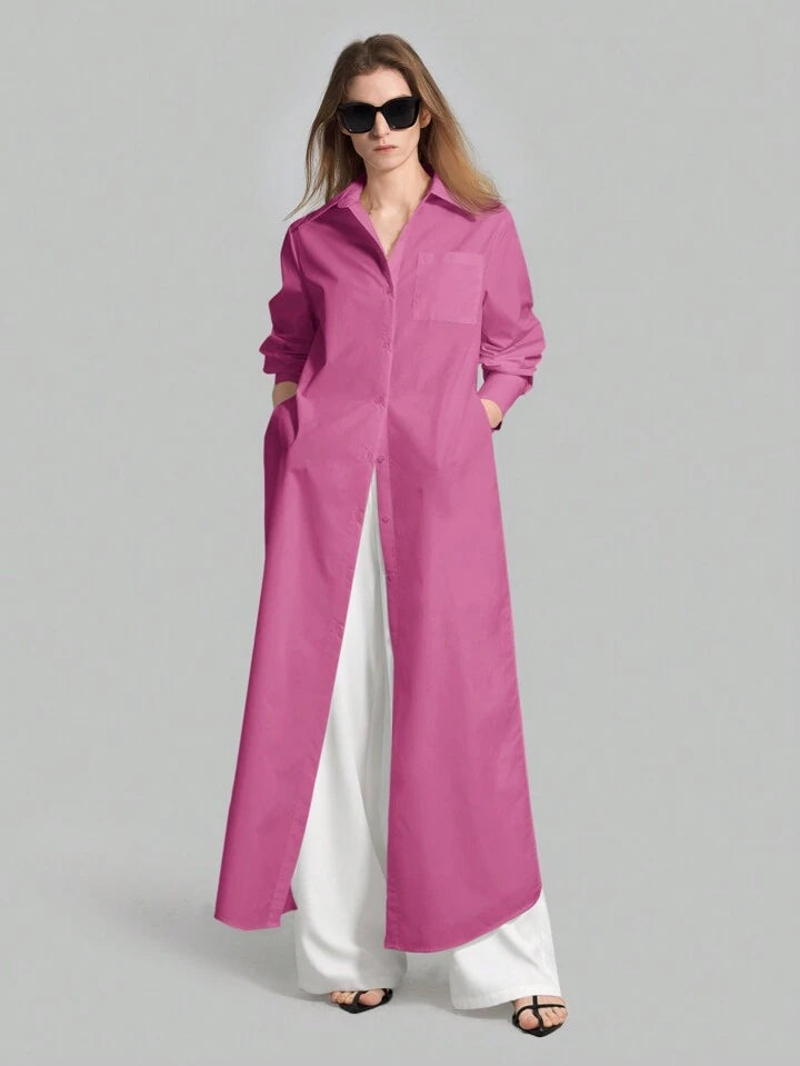 CM-TS834374 Women Casual Seoul Style Shirt Collar Long Sleeve Front Button High Slit Long Shirt - Purple