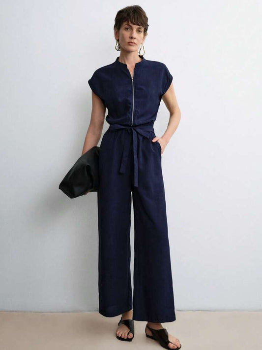 CM-JS025073 Women Casual Seoul Style Stand Collar Cap Sleeve Cinched Waist Wide Leg Jumpsuit - Blue