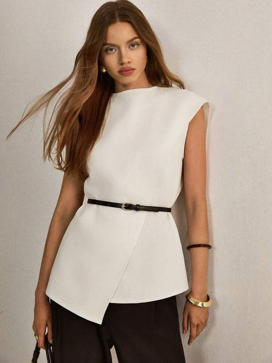 CM-TS563755 Women Elegant Seoul Style Stand Collar Sleeveless Asymmetric Hem Loose Blouse - Beige