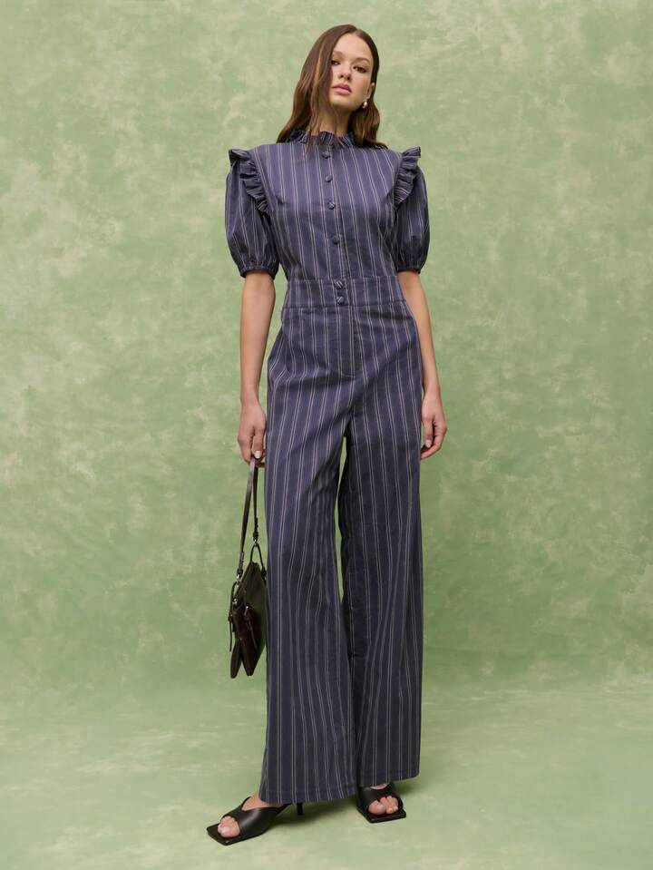 CM-JS316963 Women Casual Seoul Style Ruffled Collar Puff Sleeve Wide Leg Pinstripe Jumpsuit - Navy Blue