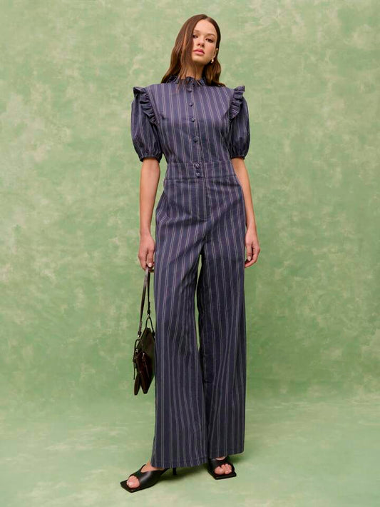 CM-JS316963 Women Casual Seoul Style Ruffled Collar Puff Sleeve Wide Leg Pinstripe Jumpsuit - Navy Blue