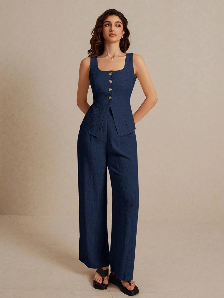 CM-SS648687 Women Elegant Seoul Style Square Neck Sleeveless Top With Trousers - Set