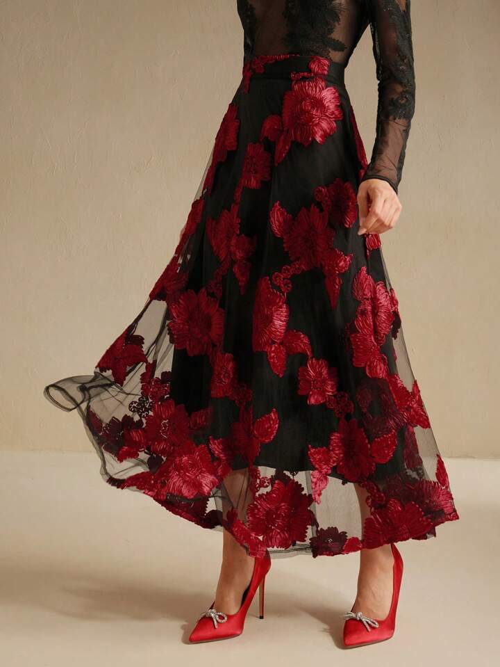 CM-BS333321 Women Elegant Seoul Style Floral Embroidery Mesh High Waist A-Line Skirt