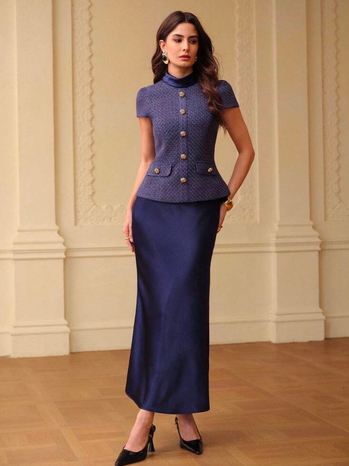 CM-SS047963 Women Elegant Seoul Style Stand Collar Button Decor Cap Sleeve Top With Satin Mermaid Hem Skirt - Set