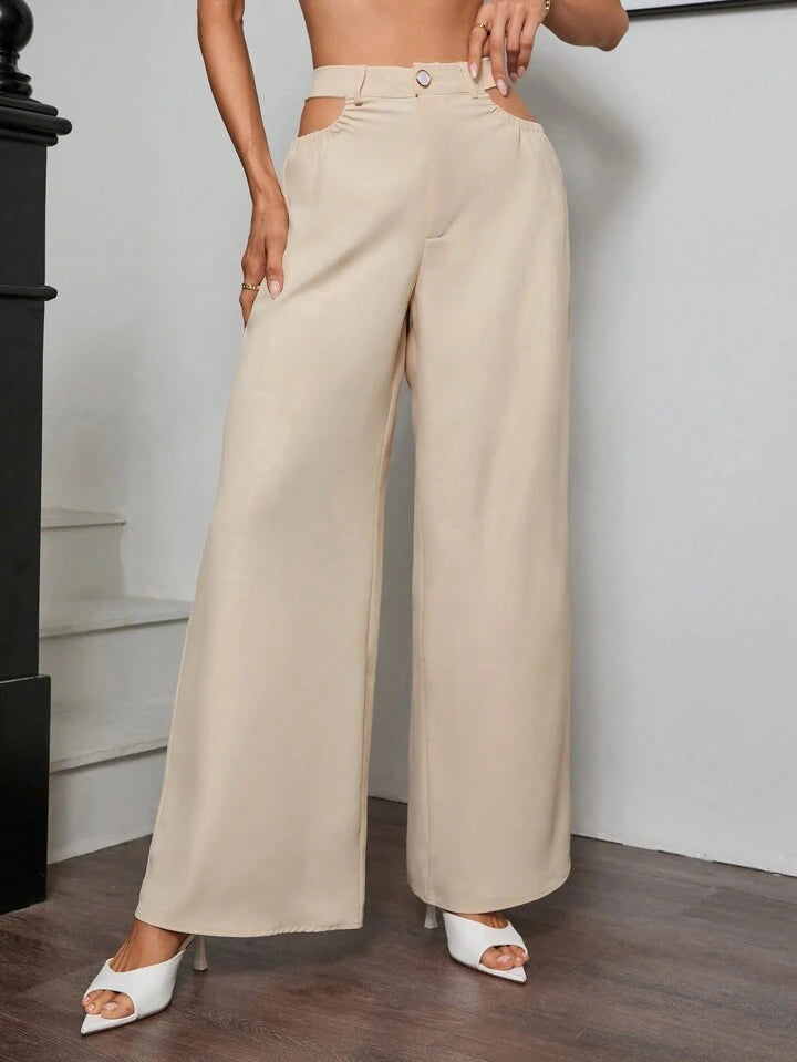 CM-BS011291 Women Elegant Seoul Style Solid Color High Waist Hollow Out Tie Straight Pants