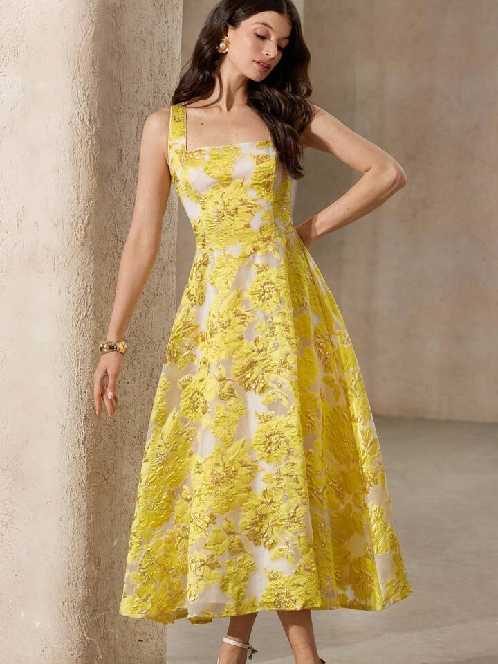 CM-DS045386 Women Elegant Seoul Style Embroidery Decor Sleeveless Fitted Waist Flare Silhouette Long Dress