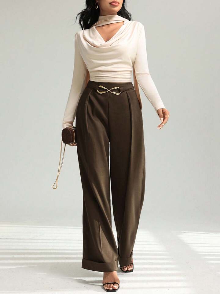 CM-BS934660 Women Casual Seoul Style Metal Buckle Waistband Rolled Hem Wide Leg Pants - Coffee Brown