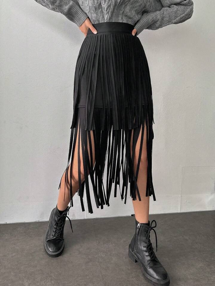 CM-BS128411 Women Casual Seoul Style Asymmetrical Patchwork Fringe Skirt - Black